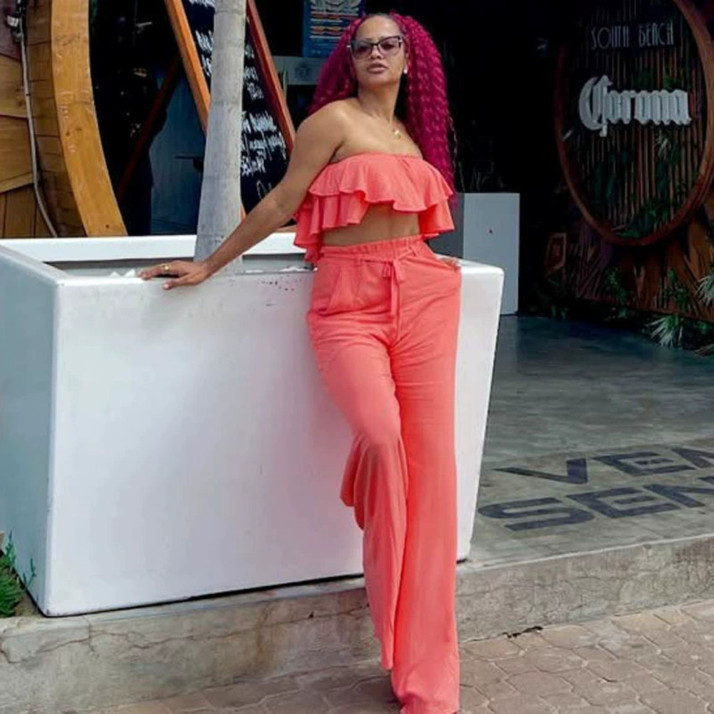 ZARA African Sexy Off Shoulder Solid Ruffle Bustier Top and Pants Set